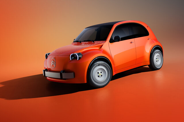 Oranje Citroën 2CV conceptauto met modern design, ronde koplampen en gesloten grille